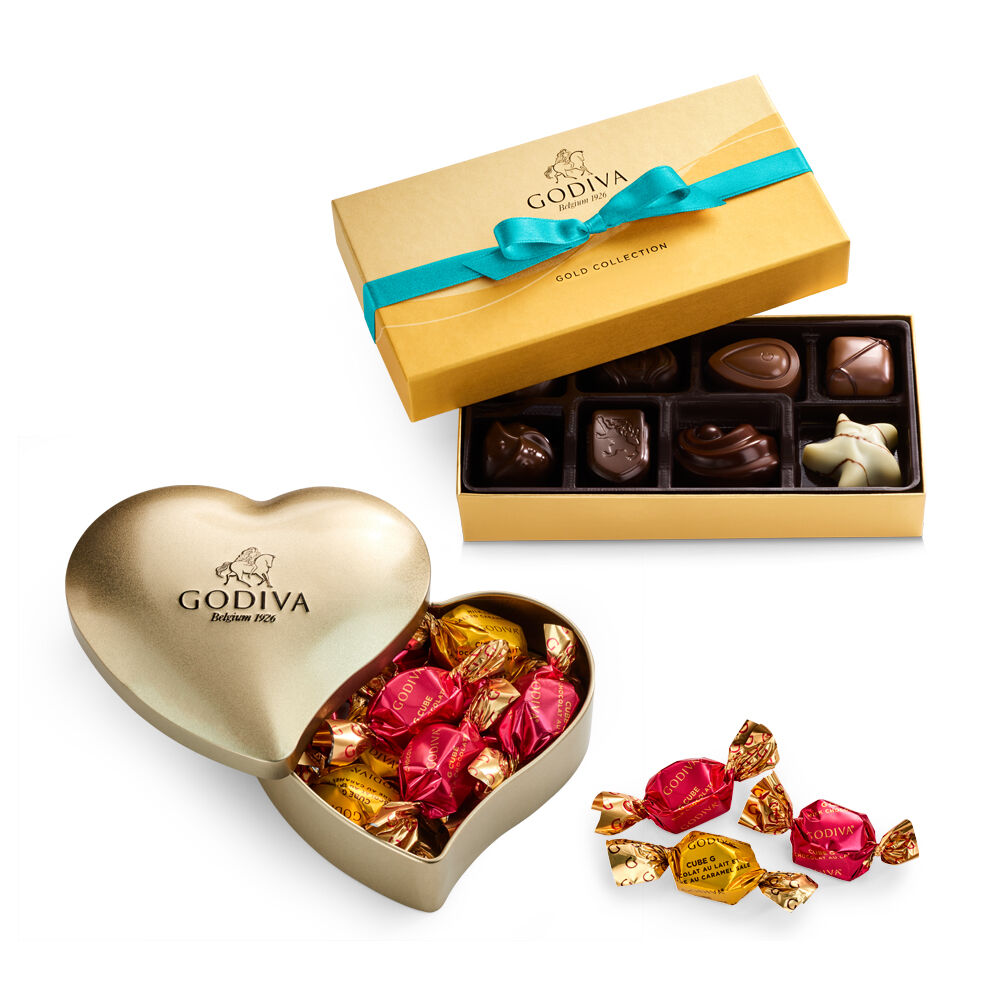 Assorted Chocolate Gift Box, Spring Ribbon, 8 pc. with Gold Heart Tin, 12pc