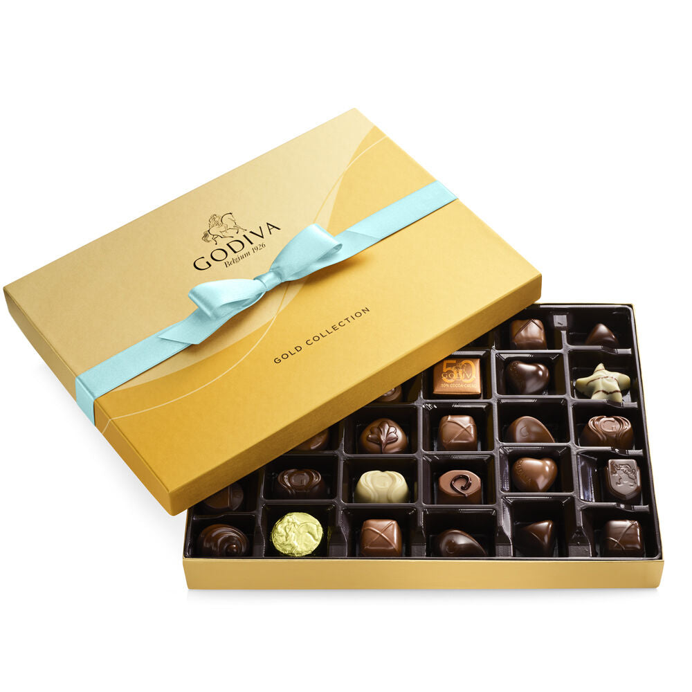 Assorted Chocolate Gold Gift Box, Aqua Blue Ribbon, 36pc.