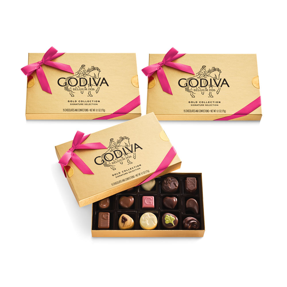 Assorted Chocolate Gold Gift Box, Azalea Ribbon, 15pc, Set of 3