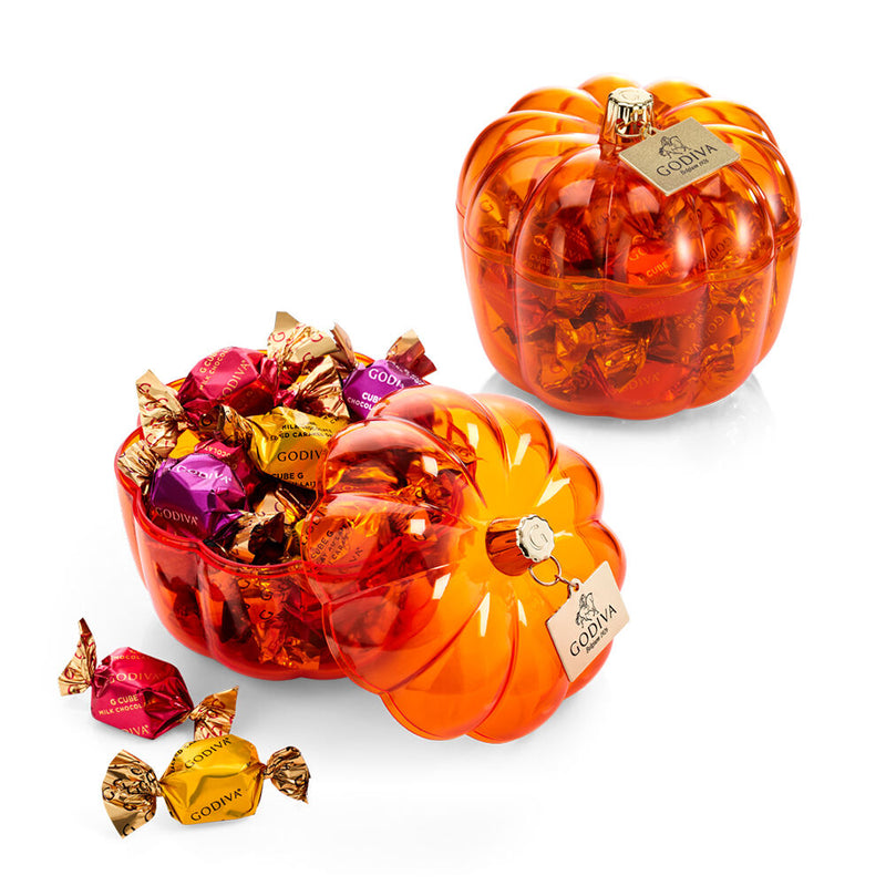 Pumpkin Candy Dish with Assorted G Cube Truffles, Set of 2