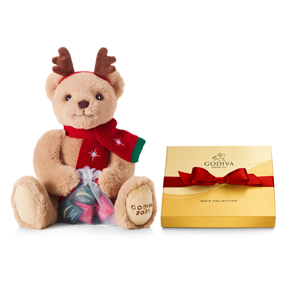 2022 Holiday Plush Bear with Assorted Chocolate Gold Gift Box, Red Ribbon, 19pc.