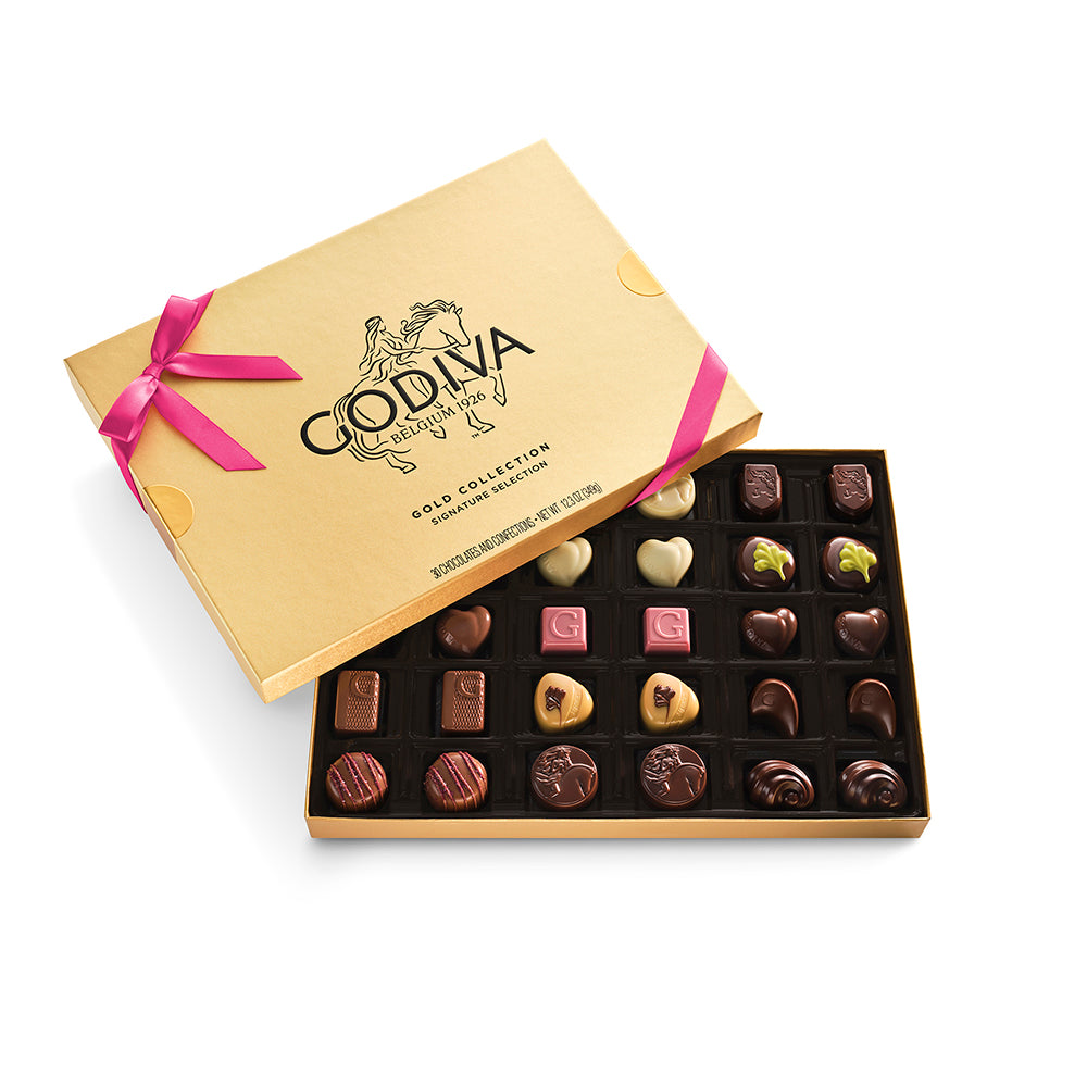 Assorted Chocolate Gold Gift Box, Azalea Ribbon, 30pc. | GODIVA