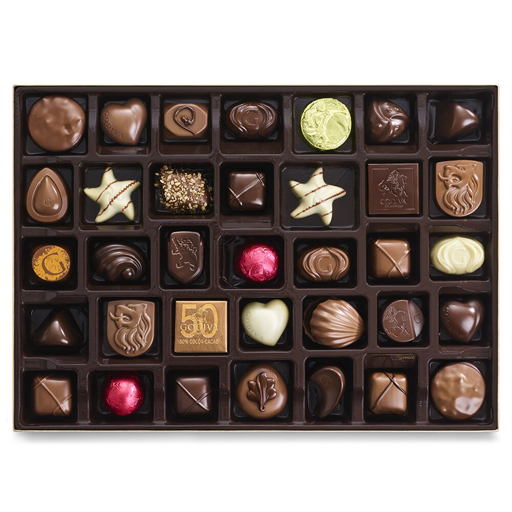 Assorted Chocolate Gold Gift Box 105 pc Gold Ribbon GODIVA