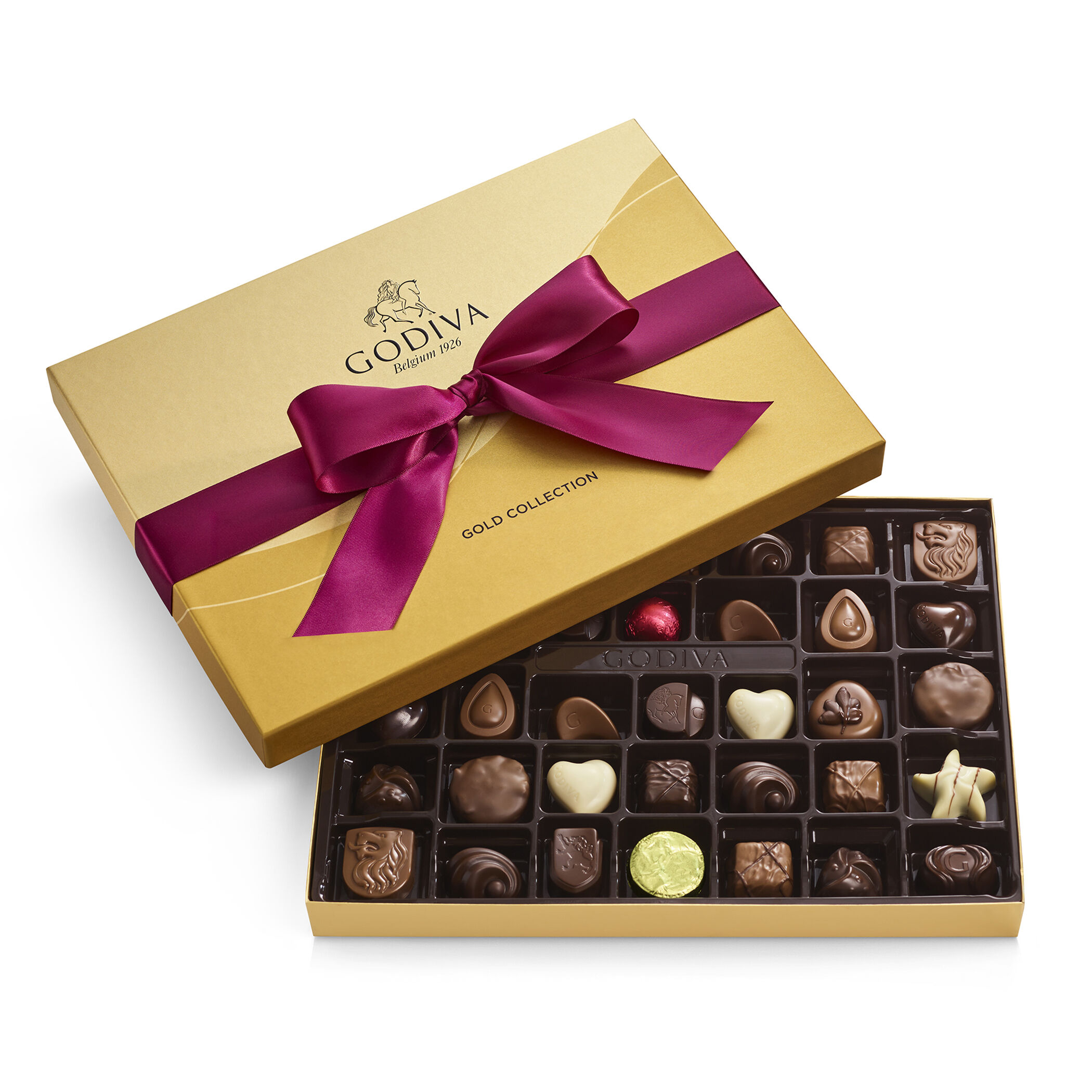 36pc Gold Holiday Gift Box with a Solid Wine Ribbon | GODIVA