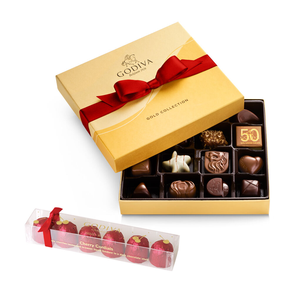 19pc Assorted Chocolate Gold Gift Box with Red Ribbon