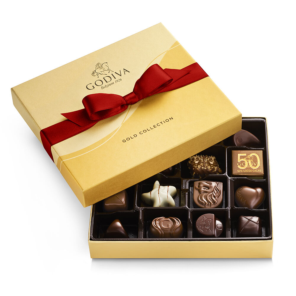 19pc Assorted Chocolate Gold Gift Box with Red Ribbon