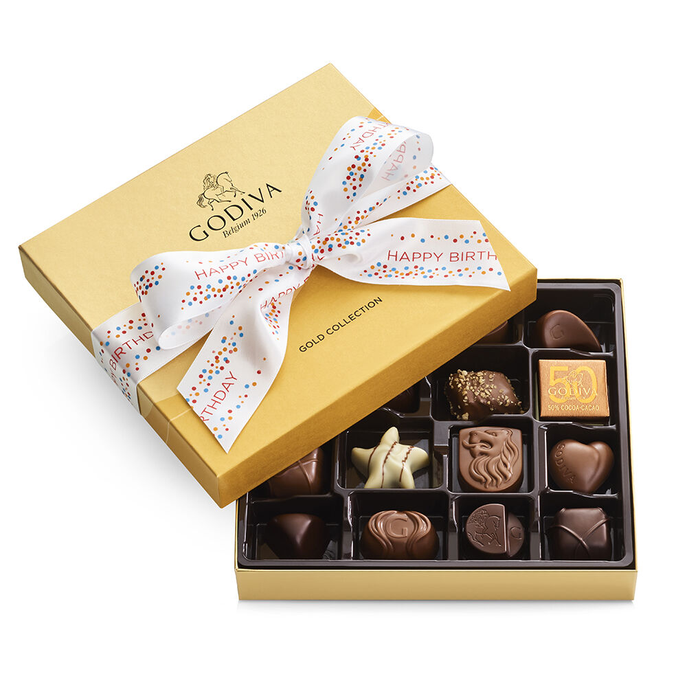 Assorted Chocolate Gold Gift Box Happy Birthday Ribbon 19 pc