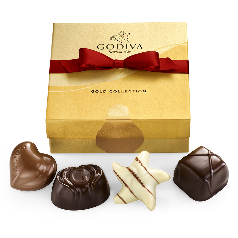 Assorted Chocolate Gold Gift Box, Red Ribbon, 4 pc.